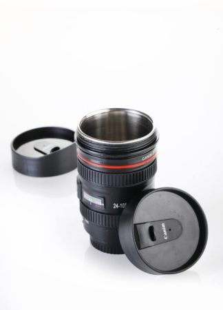 Camera Lens Shaped Coffee Mug with Lid, 350ml (Black)