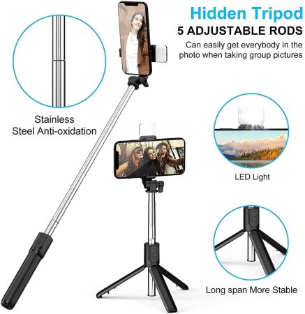 R1s Bluetooth Selfie Sticks with Remote and Selfie Light, 3-in-1 Multifunctional Selfie Stick